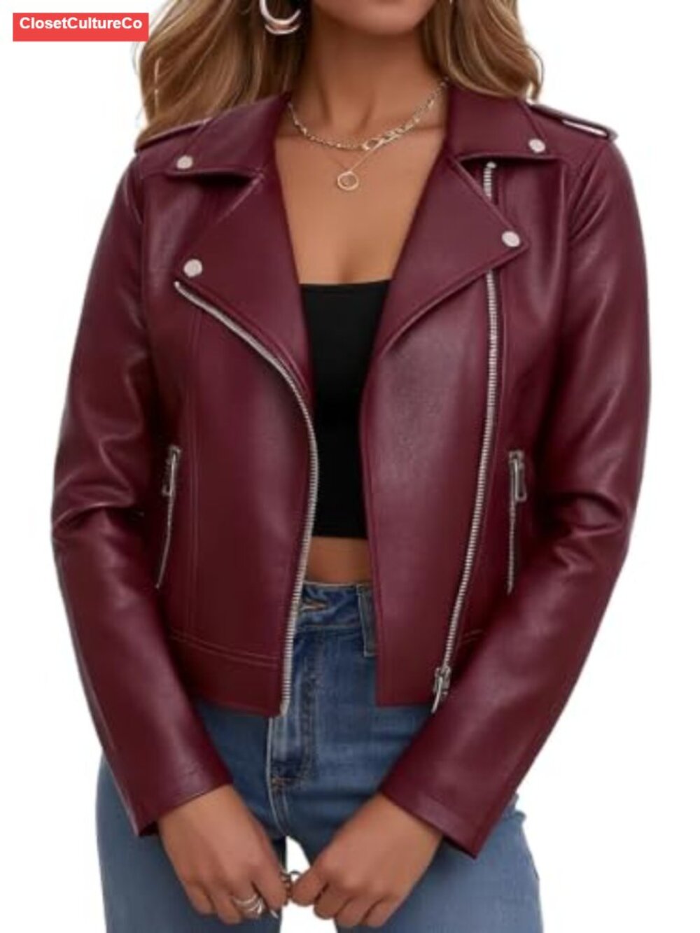 Faux Leather Cropped Moto Biker Jacket Zip Up Casual Concert